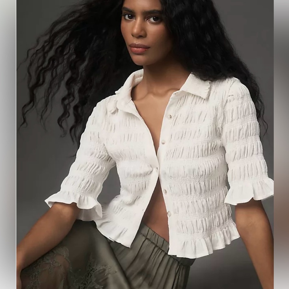 Maeve by Anthropologie Green Smocked Button-Front Ruffle Top – Size Small - Picture 2 of 5